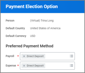 The preferred Payment Method section displaying the Expense and Payroll fields.