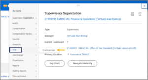 The Related Actions menu with the Hire option selected. 