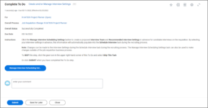 The Create and/or Manage Interview Settings To Do is displayed as viewed from an employee's inbox. 