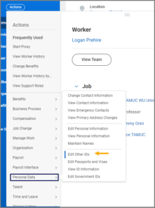 The related Actions menu expanded to display the personal data option and the Edit Other IDs sub item