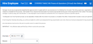 The Hire page showing the hire details section