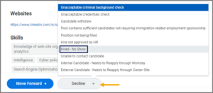 sample inbox task with the decline options displayed. the Hired- no show option is selected