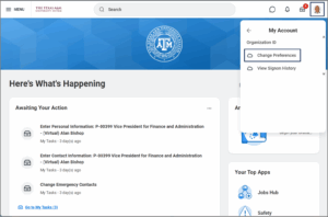 the sub options of My account includes organization ID, change preferences, and view signon history. click change preferences here