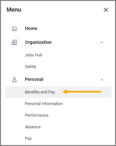 selecting the benefits and pay hub from the menu