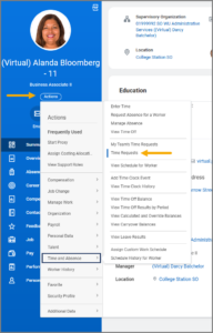 The employee's Worker Profile showing how to navigate to the time requests link via the actions button