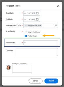 The Request time window with the total hours radio button selected. The total hours field is emphasized.
