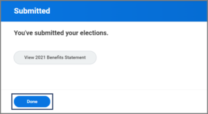 A page saying you've submitted your elections and the done button is highlighted