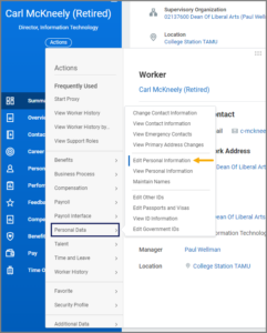 the related actions menun displayed with the personal data options selected and the edit personal information option highlighted.