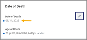 The Date of Death section of the personal information page.
