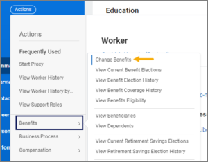 The related actions menu displayed with the Change benefits option highlighted.