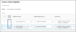 The COBRA eligibility section with the check boxes highlighted 