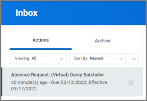 The request that has been reassigned displayed in the user's inbox.