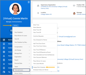 The Worker Profile showing how to navigate to the assign work schedule link