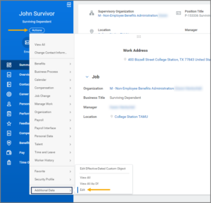 The surviving dependent's workday home page showing how to navigate to the edit additional data link via the actions button