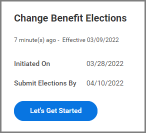 The Change Benefit Elections inbox item displaying the let's get started button