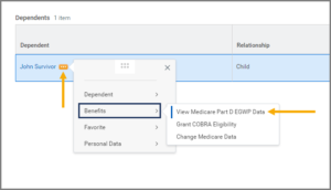 The dependents table showing the related actions icon for the example dependent and the view medicare part d egwp data link