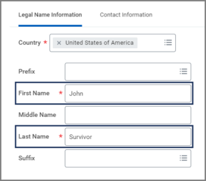 The legal information tab showing the first name and last name fields