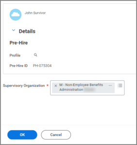 A menu showing the supervisory organization field which is auto-populated