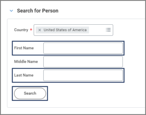 Search for person menu showing the first name and last name fields as well as the search button