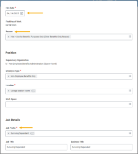 arrows pointing to hire date, reason, and job profile