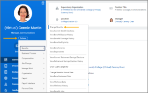 The worker profile showing how to get to the change benefits link via the actions button