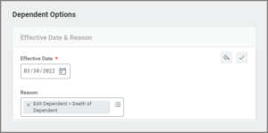 The Dependent Options page showing the effective date and reason fields