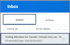 Assign Costing Allocation inbox task with gear icon selected and skip this task highlighted