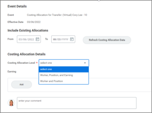 Inbox item display for costing allocation for change job with the required field for costing allocation level drop down menu shown and worker position selection highlighted.