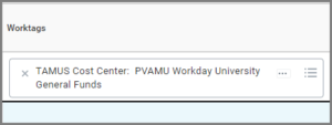 Worktags column displayed with the TAMUS Cost Center designated in the field