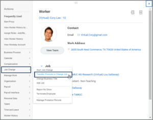 Results of Choosing Related Actions with Job Change Highlighted in the primary left hand menu and Transfer, Promote or Change job selection identified as the appropriate selection in the secondary menu