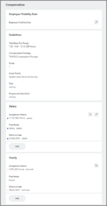 Compensation section of the position is displayed including Total Base pay, Guidelines for pay range, compensation packages, grade, grade profile, salary assignment details and plan name