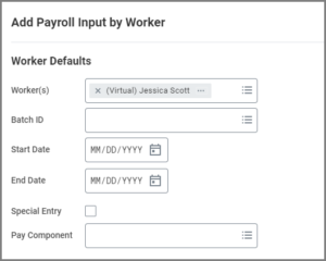 The worker defaults section of the Add Payroll Input by Worker window and its various fields are displayed. . 