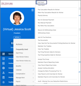 The related actions menu of an Employee expanded to display the Payroll option. On the expanded Payroll menu, the Add Input option is highlighted.