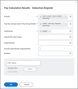 Pay Calculation Results - Deduction Register screen showing fields entered prior to running the report.