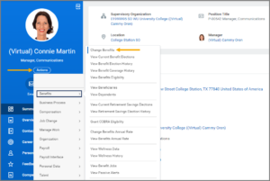 The Employee's Worker Profile displaying the actions menu pointing to change benefits