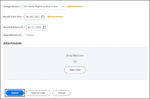 The Change Benefits page displaying the change reason, benefit event date, and submit elections by fields