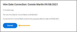 The Hire Date Correction Inbox Task with the correct button highlighted