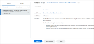 The To Do Review Benefit Event for Worker Start Date Correction