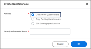 Create new questionnaire selected and highlighted.