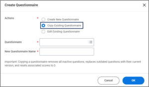 Copy existing questionnaire selected and highlighted.