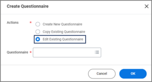 Edit existing questionnaire selected and highlighted.