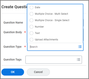 Expanded view of selections for question type field.