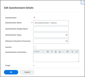 Edit Questionnaire Details screen displays prompts for questionnaire name, display name (viewable to Candidate), types, instructions. 