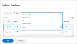 Maintain Questions screen with the cursor in the search field.