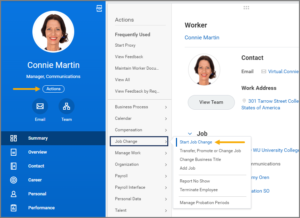 Navigating to start job change on the worker profile