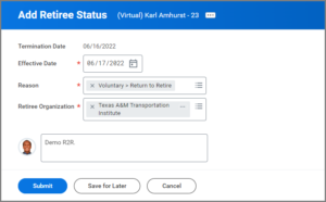 etiree status screen showing termination date with effective date, reason, and retiree organization fields