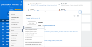 Related actions menu for employee with Benefits highlighted for emphasis in the Primary menu and Change Benefits highlighted for emphasis in the secondary menu