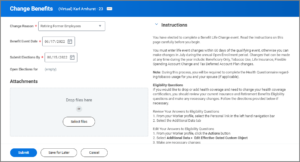 change benefit event screen with change reason, benefit event date, and submit elections by fields