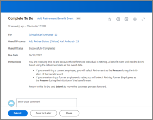 display of To Do: add retirement benefit event