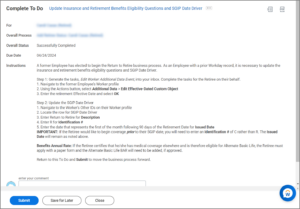The Update Insurance and Retirement Benefits Eligibility Questions and SGIP Date Driver To Do in the Workday Inbox